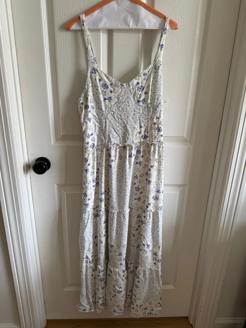 Cream Maxi Dress with Blue Floral Print - Lightweight Spaghetti Strap Maxi - Picture 1 of 4